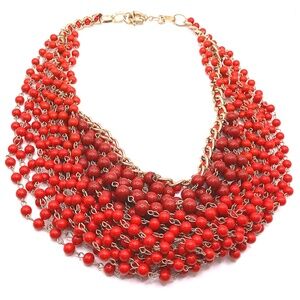 Multi-Strand Red Beaded Statement Necklace 19”
